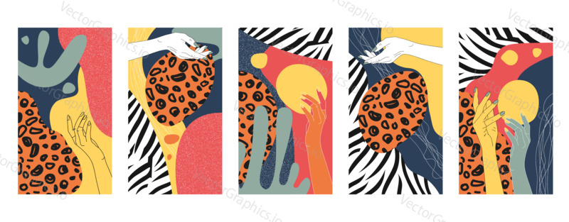 Vector set of abstract hand painted backgrounds for social media stories design, wall decoration pattern, modern poster, prints. Abstract background illustrations.