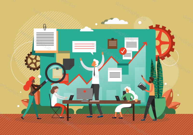 Business meeting with company CEO, concept flat vector illustration. Team work on finance and business strategy. Financial charts and data analytics dashboard. People in office.
