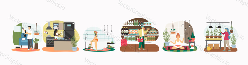 People using hemp products at home concept vector illustration. Guy smoke cannabis from bong, woman doing meditation and smoking weed joint, girl using hemp cosmetics. Man visits cbd shop.