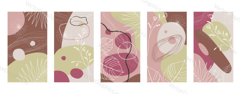 Vector set of abstract hand painted backgrounds for social media stories design, wall decoration pattern, modern poster, prints. Abstract background illustrations.