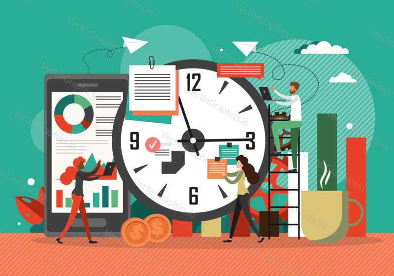 Time management concept vector illustration. Clock, business schedule, project deadline. Team works overtime. Workflow organization. Effective work scheduling.