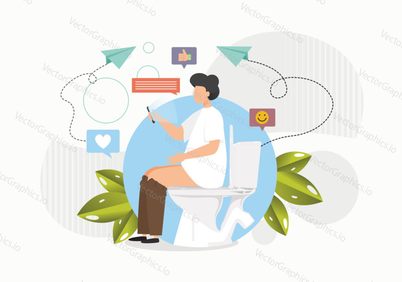 Mobile phone addiction concept vector illustration. Man using smartphone while sitting in toilet.