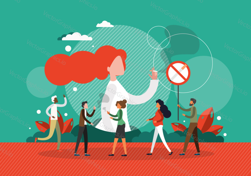 People smoke next to no smoking sign. Tobacco addiction and passive smoking concept vector illustration. Woman and man smoke cigarette.