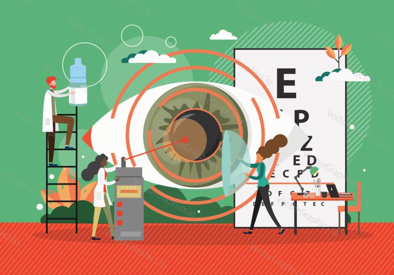 Lasik operation concept vector illustration. Eye surgery with laser equipment. Ophthalmology doctor check eye in hospital. Eye treatment technology.