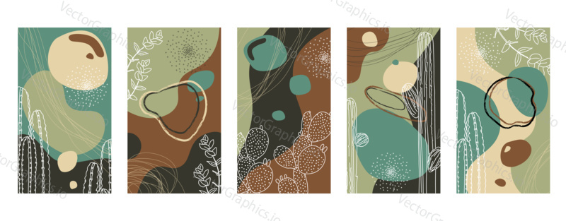 Vector set of abstract hand painted backgrounds for social media stories design, wall decoration pattern, modern poster, prints. Abstract background illustrations.