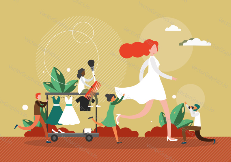 Fashion show concept vector illustration. Female model walks on a stage in white dress. Fashion show backstage work. Celebrity walking on a runway.