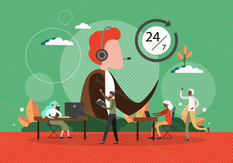 Call center concept vector illustration. Customer service people at work in office. Helpdesk and support phone line operator. Man with headset talk by phone. Call center team.