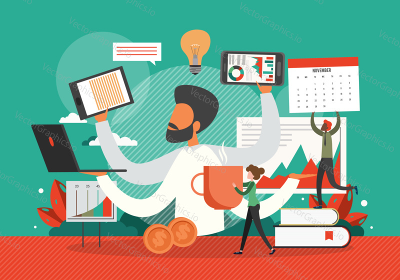 Busy businessman in a hurry with many hands holding laptop, smart phone, documents. Business concept vector illustration. Multitasking office worker.