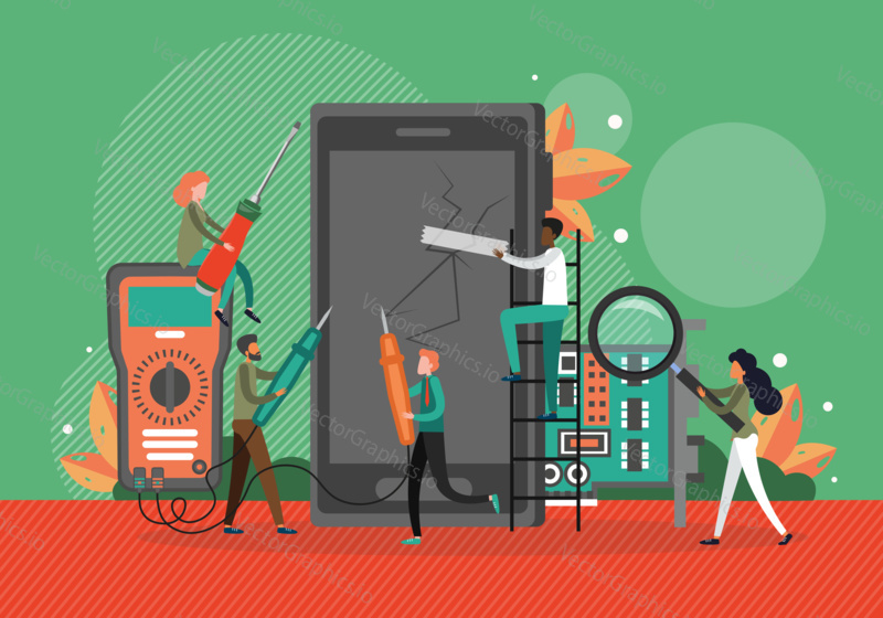 Phone repair service concept vector illustration. Mobile phone with broken screen and open chip circuit. Technician men fix smartphone.