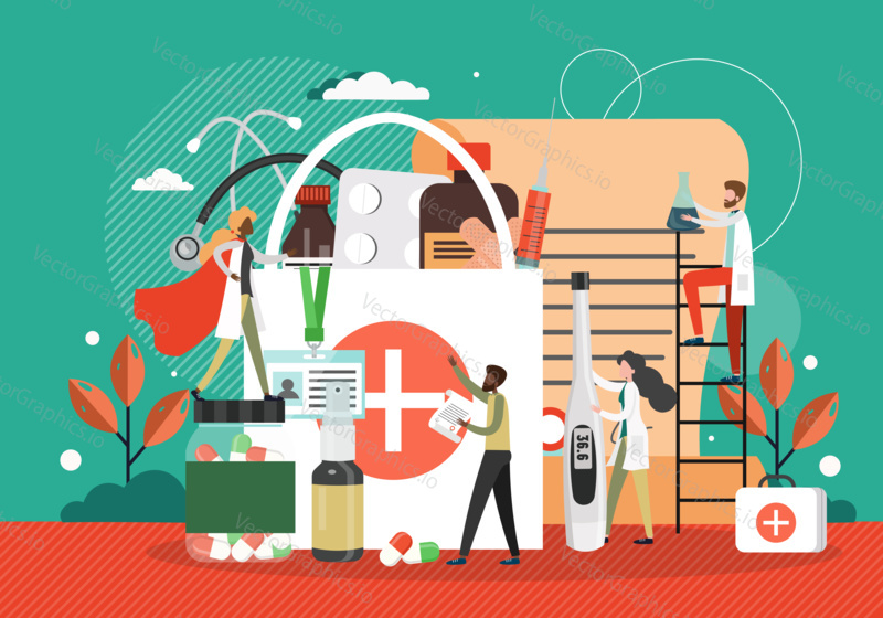 Pharmacy business concept vector illustration. Medicine drugstore cartoon. Medical prescription drugs and pills.