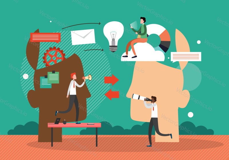 Exchange ideas and knowledge, concept vector illustration. Open human heads, thought process mechanism.