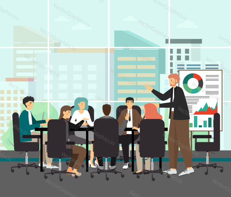 Board of directors meeting withwhite man as a CEO, concept vector illustration. Business executive meeting and presentation. Business concefence and team work.