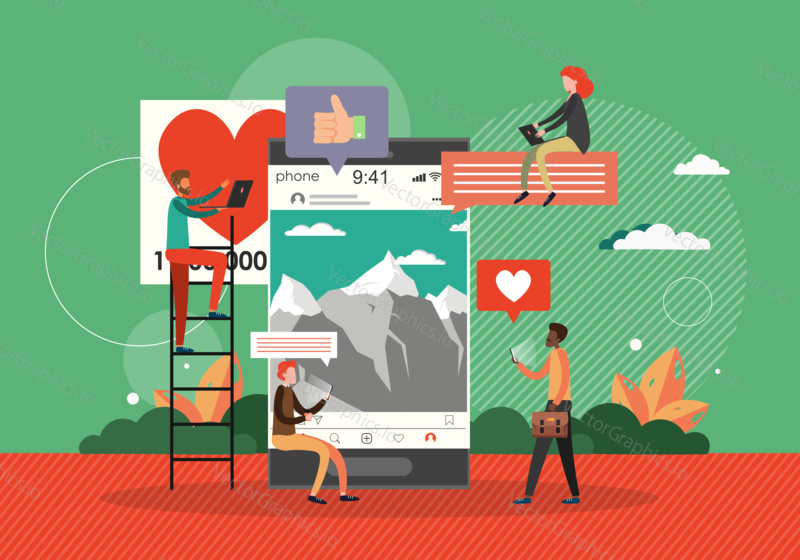 Social media concept vector illustration. People use social media mobile apps and services. Flat design banner for web, marketing material, online advertising.