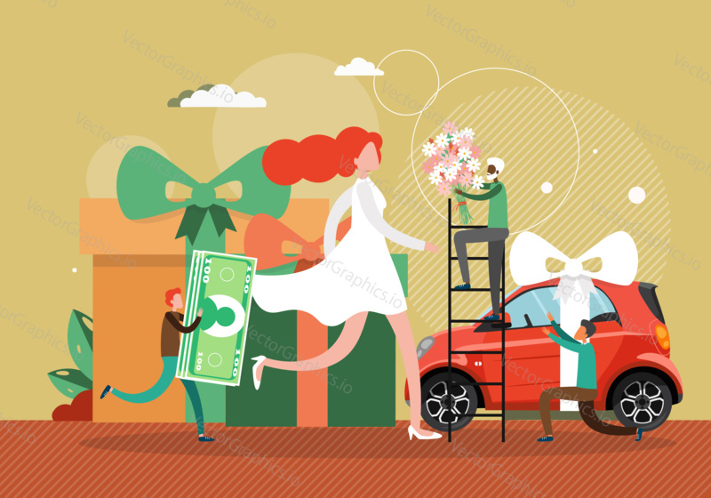 Beautiful woman walking surrounded by men with gifts. Man giving woman flower bouquet, car and money. Different men fall in love to attractive woman.