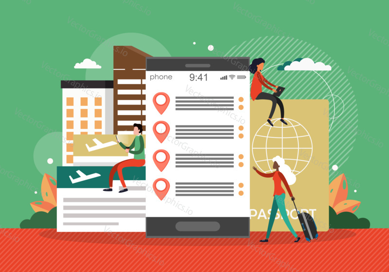 Online airplane ticket booking. Travel concept vector illustration. Messages and notifications on mobile phone screen. Smartphone travel app.