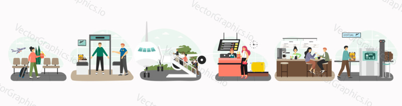 Vector set of scenes with tourists in airport. Travel people concept. Flight passengers at check-in, airport baggage security check area, boarding the plane, waiting for a flight in cafe.