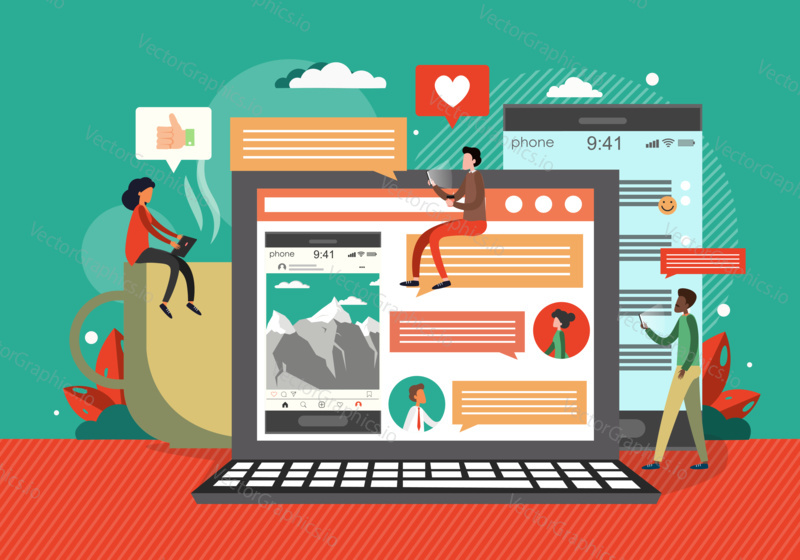 Social media concept vector illustration. People use social media mobile apps and services. Flat design banner for web, marketing material, online advertising.