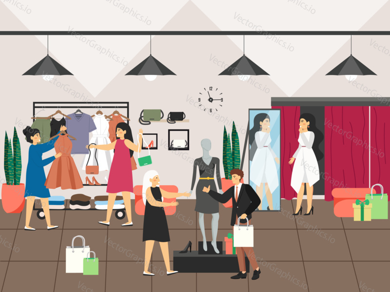 Women shopping and buying clothes in clothing shop or apparel boutique. Fashion dress concept vector illustration. Female customers trying dress in dressing room. Fashion store interior.