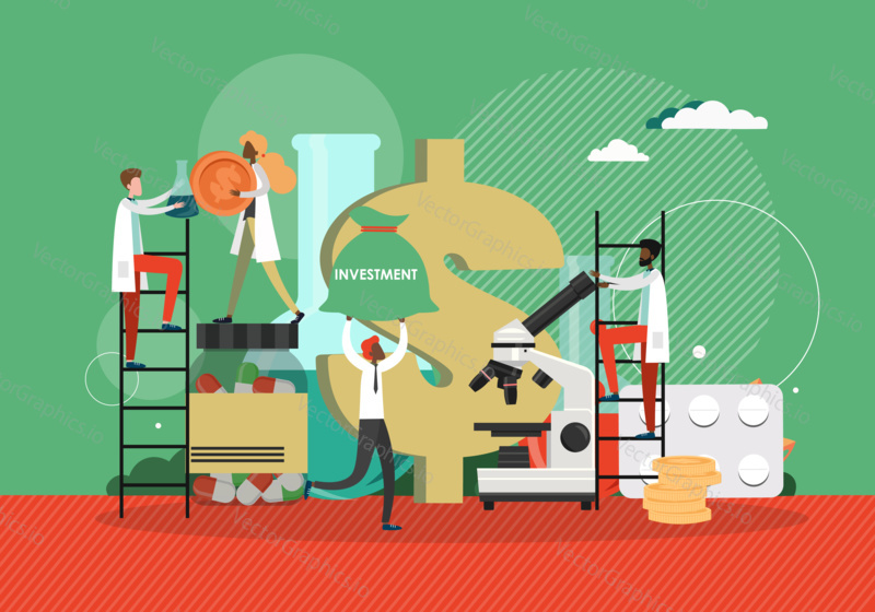 Pharmaceutical business concept vector illustrator. Scientists research new drug in lab. Investment in medical and pharma business. Pharmaceutical laboratory.