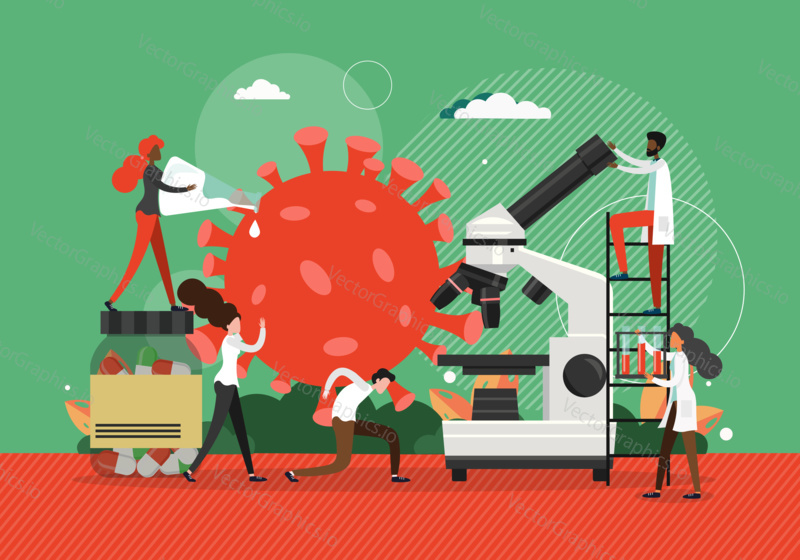 Coronavirus test lab, concept vector illustration. Scientists and doctors use microscope in laboratory. Covid vaccine research. Corona virus spike protein shape.