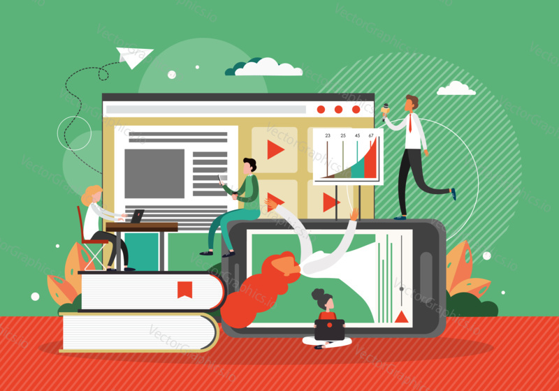 Online education and training, concept vector illustration. Digital library technology. Online course, video webinar.