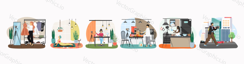 Vector set of bloggers and vloggers making content and filming. Cartoon character creating video for blog or vlog. Fashion, beauty, cooking, yoga, travel blogger.