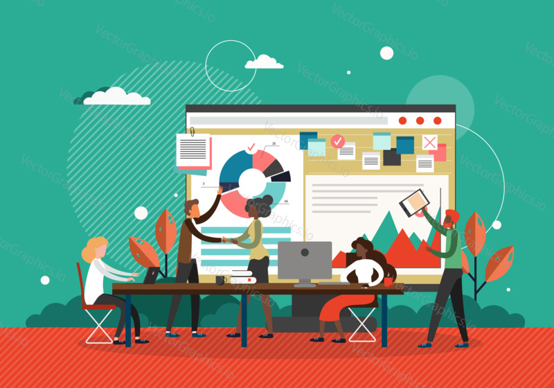 Business meeting concept vector illustration. Businessman makes presentation of new business strategy. Agile team work in office with analytics data board.