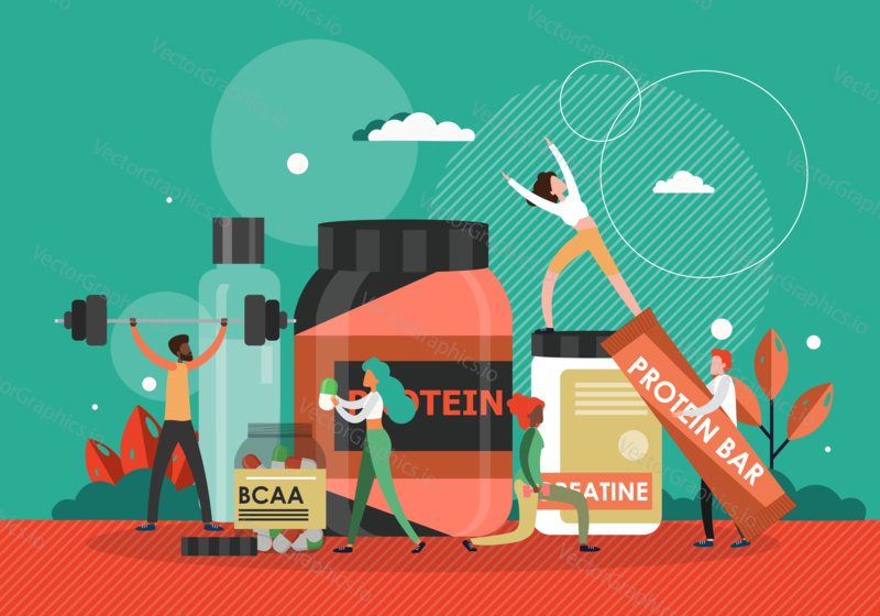 Whey protein and sport nutrition concept vector illustration. Healthy food, supplement protein bar, energy diet. Meal for active lifestyle and fitness exercise.