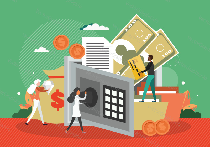 Safe full of money and documents. Bank money safety concept vector illustration. Open safebox vault, cash deposit, secure banking.