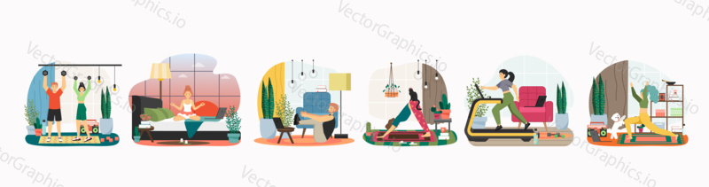 People exercise at home vector illustration set. Man and woman doing fitness, stretching exercise and yoga. Family workout and healthy lifestyle. Stay fit during lockdown. Sport at home cartoon.