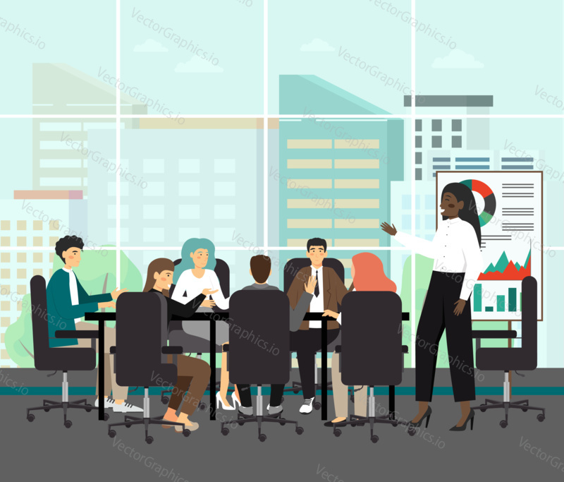 Black chairwoman, concept vector illustration. Board of directors meeting with black woman as a CEO. Business executive meeting and presentation. Business concefence and team work.