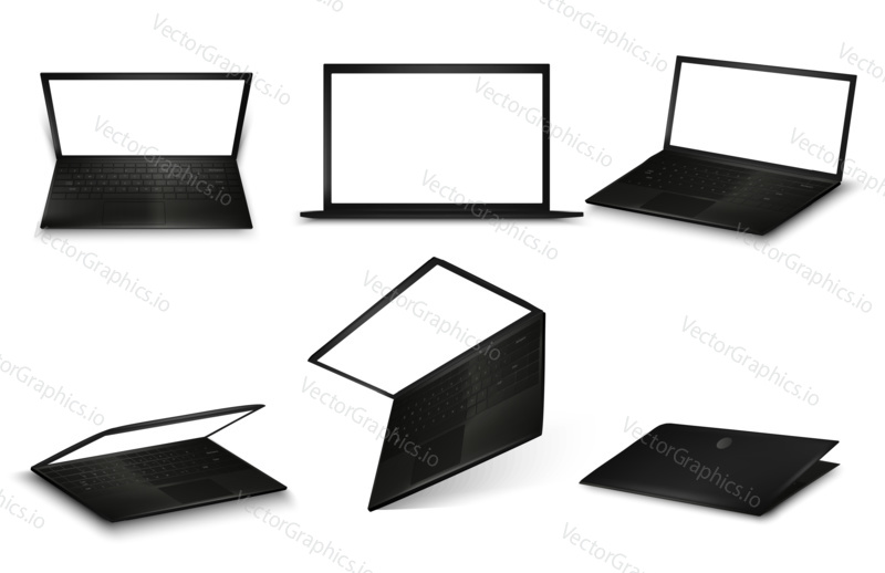 Vector set of black laptop isolated on white background. Computer notebook with blank screens in different position realistic illustration. 3d mockup