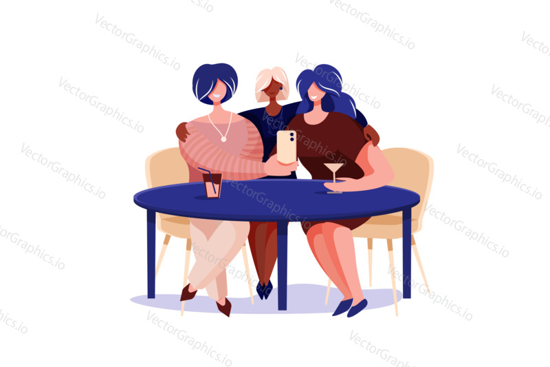 Three girls taking selfie photo. Isolated cartoon design concept on white background. Vector web site design template. Landing page website concept illustration.