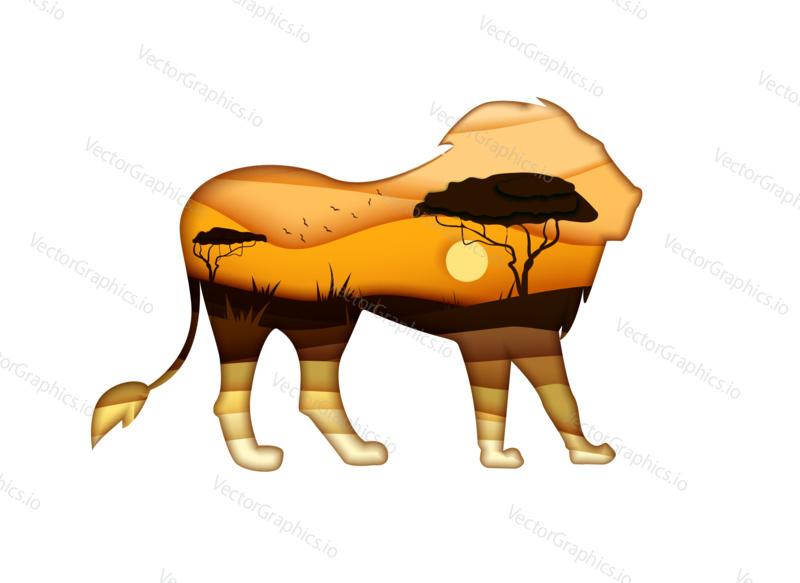 Lion animal silhouette isolated on white background. Vector illustration design in paper cut style. African lion and savannah double exposure.