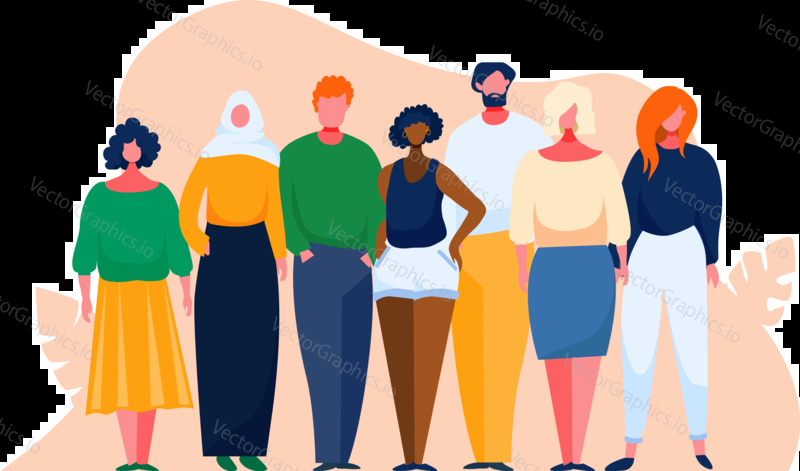 Diverse multinational group of people. Multicultural and multiethnic crowd. Vector illustration with cartoon characters. Man and woman of different nations stay together as a team