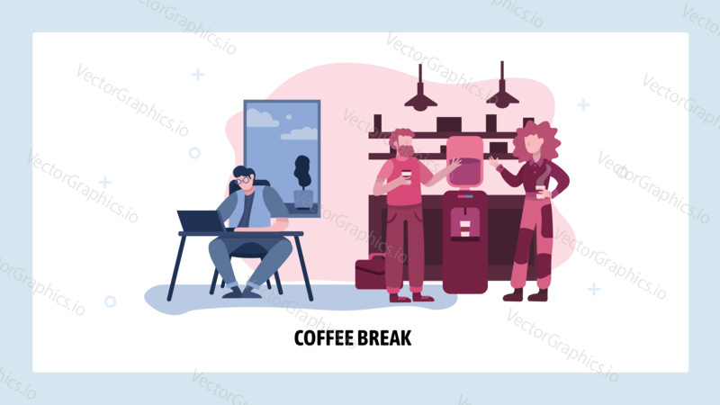 Coffee break in office. People drink coffee next to office cooler. Business meeting in lunch time. Vector web site design template. Landing page website concept illustration.