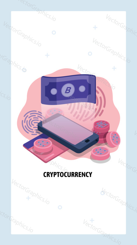 Cryptocurrency and blockchain technology concept. Exchange fiat money to bitcoin using mobile phone. Secure digital payment. Vector web site design template. Landing page website concept illustration.
