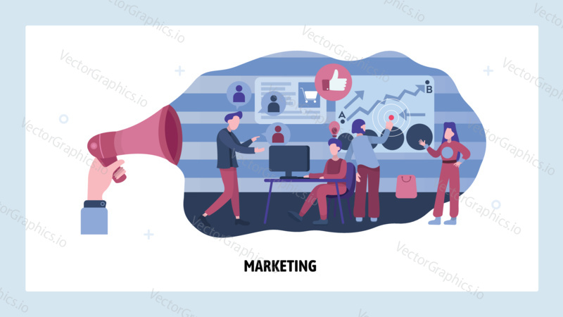Marketing team work on business strategy. People work in office, teamwork communication. Vector web site design template. Landing page website concept illustration.