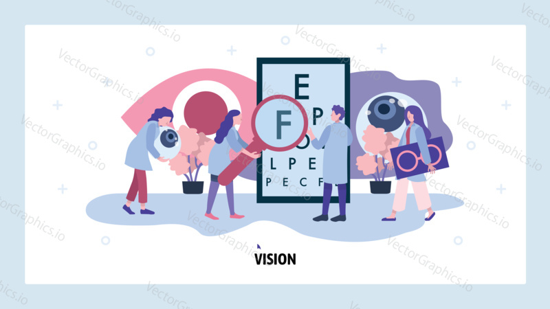 Medical ophthalmologist eyesight test. Doctor check patient vision health with eye chart. Vector web site design template. Landing page website concept illustration.