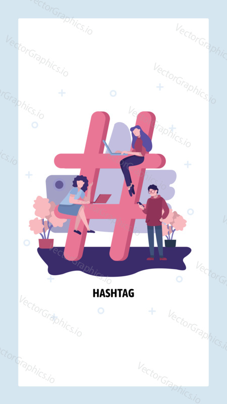 Social media hashtag concept. Young people using laptop and phone for sending messages, post in blog and sharing them in social network. Vector web site template. Landing page website illustration.