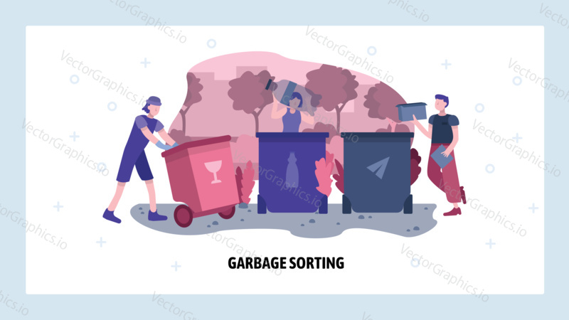 Garbage sorting concept. People sort and separate waste for recycle. Vector web site design template. Landing page website concept illustration.