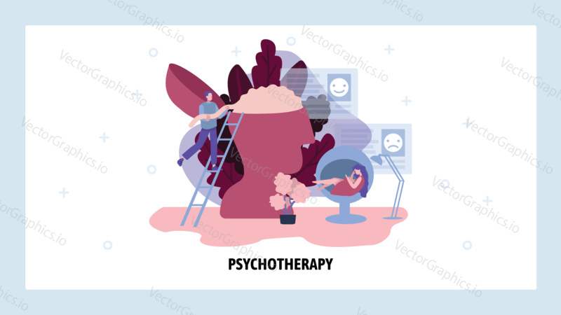 Psychotherapy doctor helps female patient with her problems. Mental disorder, human brain, mind health. Vector web site design template. Landing page website concept illustration.