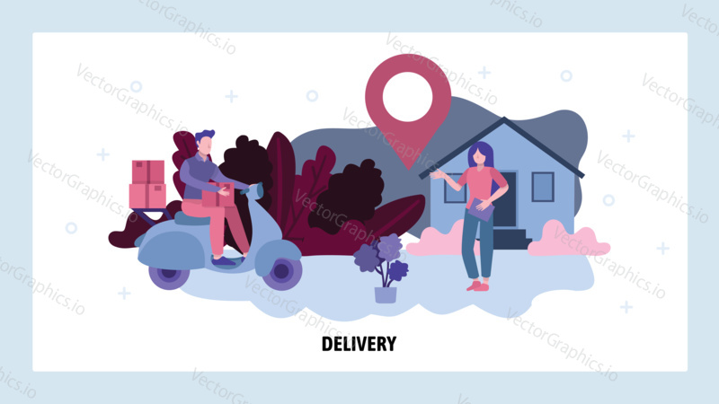 Man on motorbike deliver package to woman home. Delivery service concept. Vector web site design template. Landing page website concept illustration.