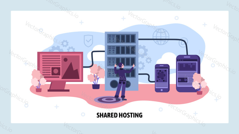 Data center and web hosting concept. Engineer install server software. Cloud data storage. Vector web site design template. Landing page website concept illustration.