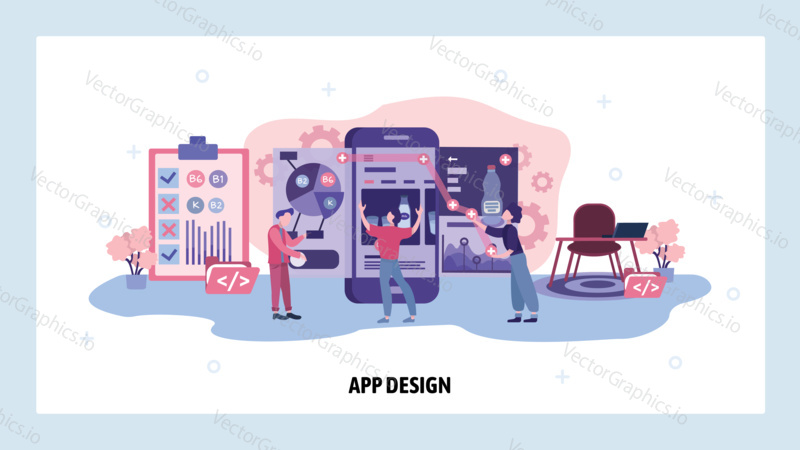 Team of developers build a food app for mobile phone. Teamwork, application design, online grocery store. Vector web site design template. Landing page website concept illustration.