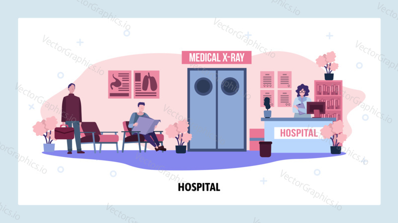 Patients waiting for doctor in front of x-ray room in hospital. Healthcare and medical service. Clinic interior. Vector web site design template. Landing page website concept illustration.