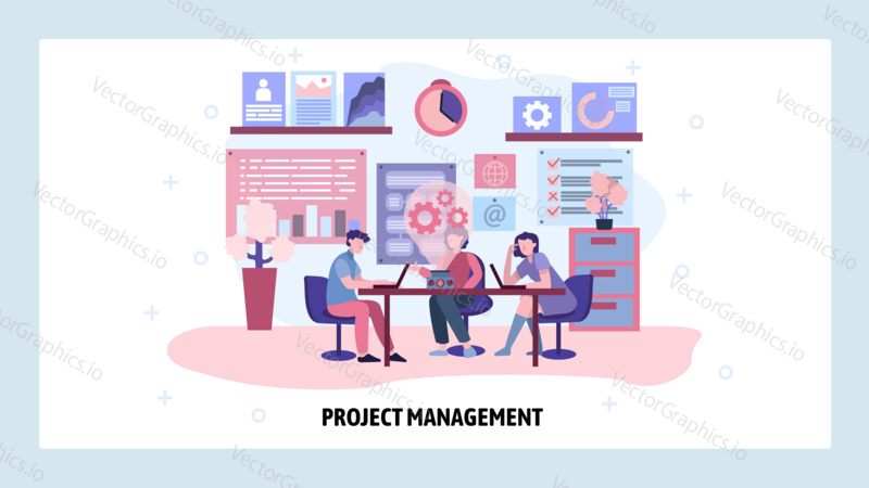 Business meeting and presentation. Project management team. Business education seminar with 3d projector. Vector web site design template. Landing page website concept illustration.