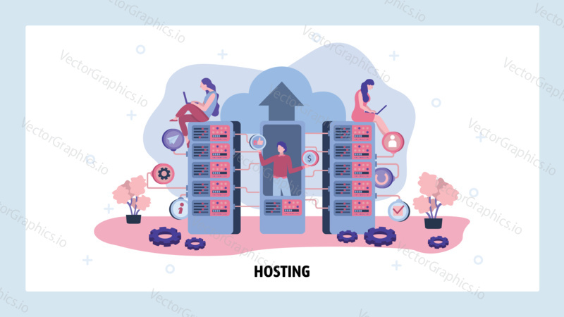 Data center and cloud storage. Hosting, computer technology, server, data center engineer team. Vector web site design template. Landing page website concept illustration.
