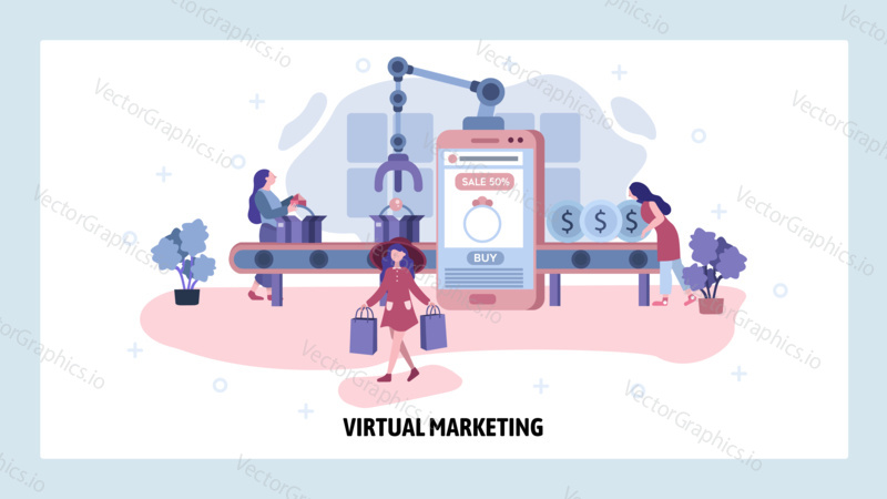 Digital marketing and product assembly and packaging line. Online shopping, retail automation technology, business online by mobile phone. Vector web site design template. Website concept illustration.