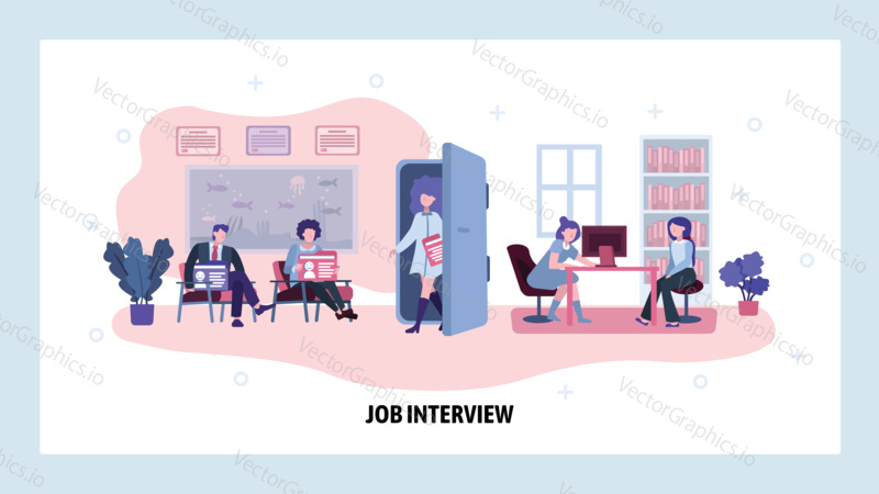 People sit in a queue for job interview. Business office, HR management, vacancy candidate. Vector web site design template. Landing page website illustration.